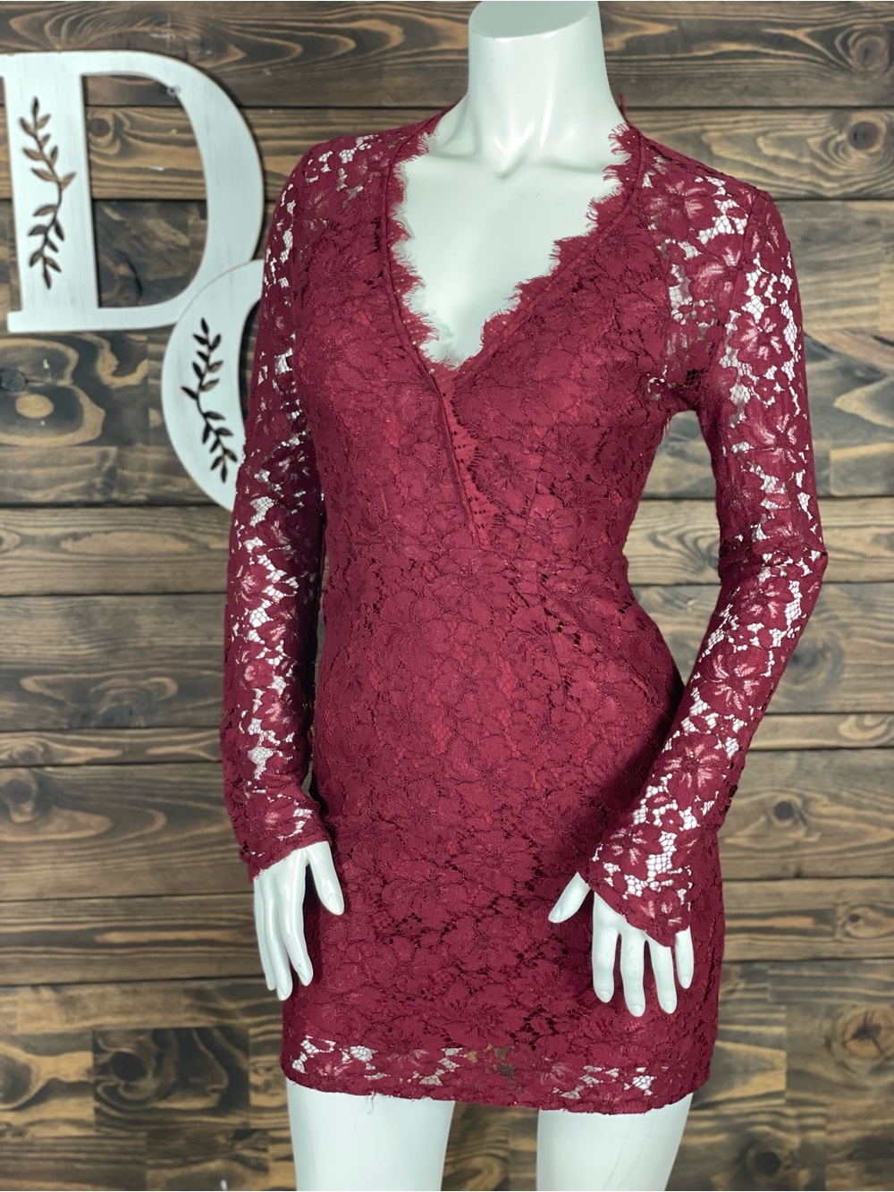 Wayf | Say It Out Loud Wine Red Lace Long-Sleeve V-Neck Bodycon Dress